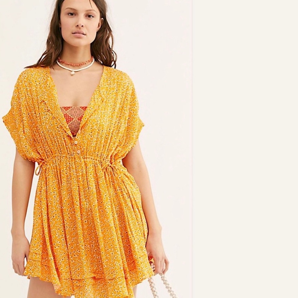 Free People marigold/yellow and floral boho flowy mini dress.